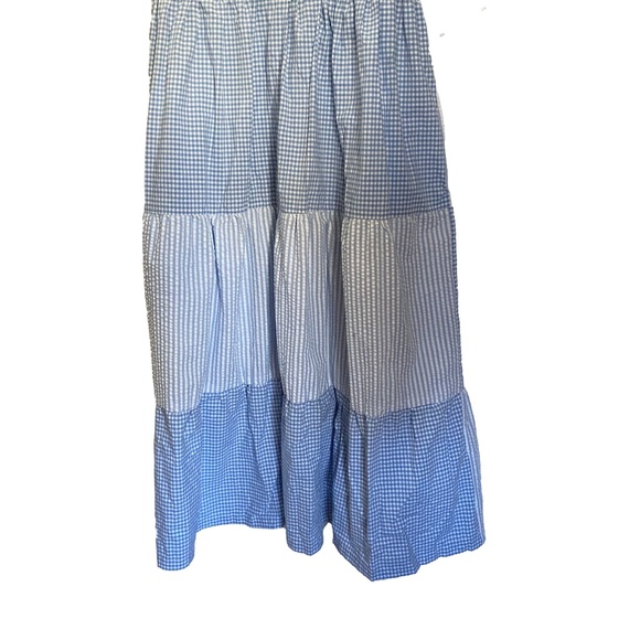 Blue White Seersucker Gingham Ruffle Tiered Prairie Cottagecore Maxi Dress S/M - Picture 9 of 16